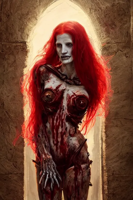 Image similar to woman skeleton covered with blood, jessica chastain face!!!, long red hair, ultra realistic, concept art, intricate details, highly detailed, 4 5 mm. photorealistic, octane render, 8 k, unreal engine. retro film still, heavy grain, 3 5 mm, art by artgerm and greg rutkowski and alphonse mucha