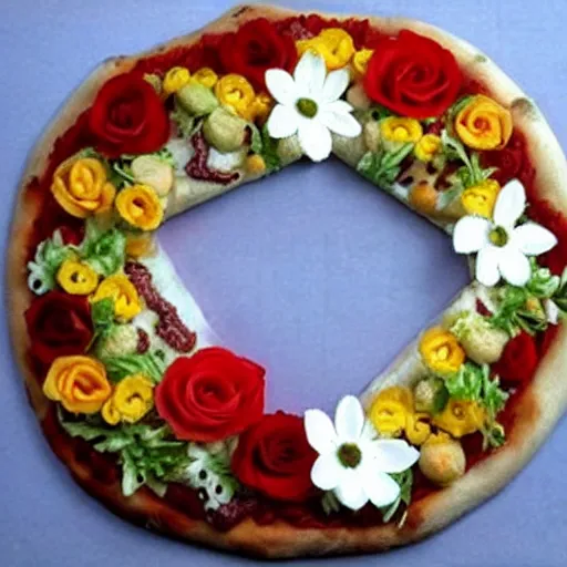 Prompt: flower boquet made of pizza