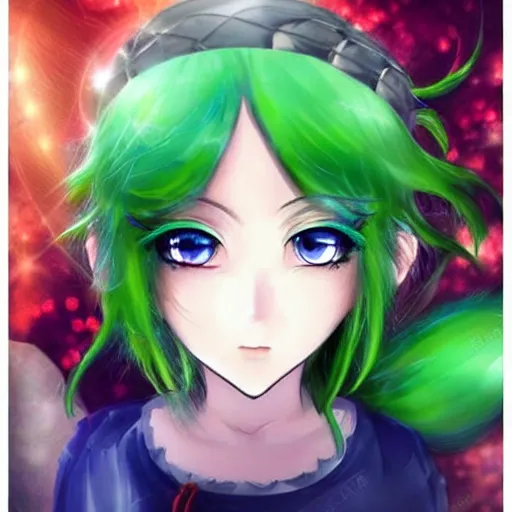 Prompt: beautiful, green haired, anime girl, blue eyes, fairy wings