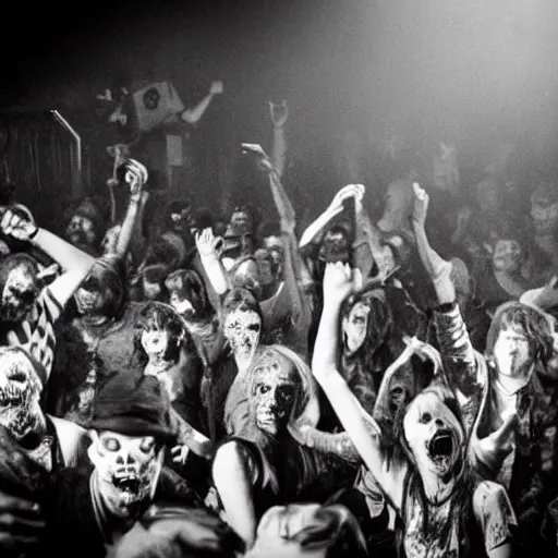 Image similar to zombies at a punk rock concert, highly detailed photo from 1985, black and white