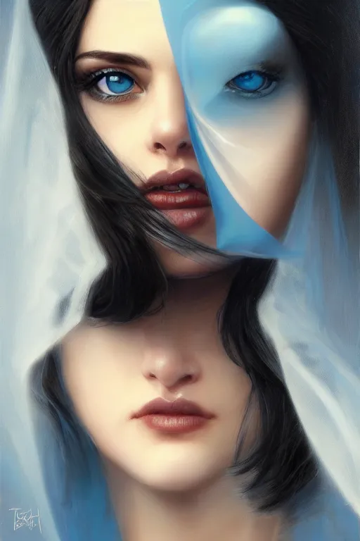 Image similar to modern tanned Ameera al-Taweel, bright blue eyes, wavy black hair, white veil, closeup, focus face, elegant, highly detailed, centered, oil painting, artstation, concept art by tom bagshaw