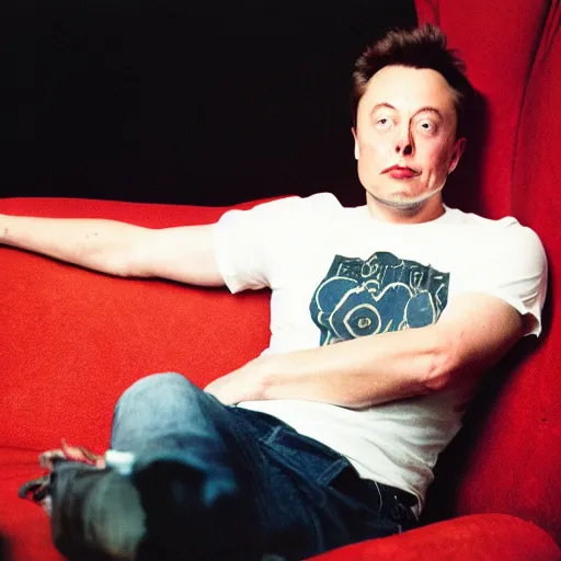 Prompt: bored elon musk with torned dirty t-shirt lying on a couch cinestill 800t