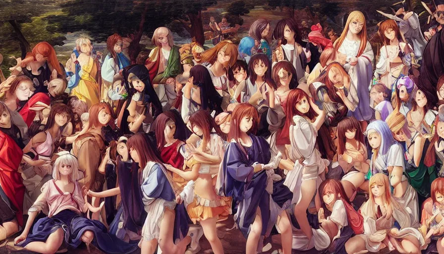 Image similar to jesus christ surrounded by cute anime girls, photorealistic, anime, mini skirt, neko, cat ears, renaissance painting, hyper real, detailed, wide angle shot, ultra detailed