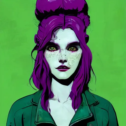 Image similar to Highly detailed portrait of pretty punk zombie young lady with, freckles and beautiful hair by Atey Ghailan, by Loish, by Bryan Lee O'Malley, by Cliff Chiang, inspired by image comics, inspired by graphic novel cover art, inspired by izombie !! Gradient purple and green color scheme ((grafitti tag brick wall background)), trending on artstation