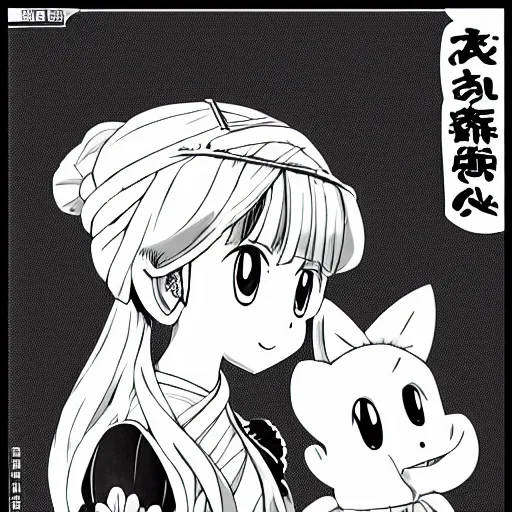 Image similar to young princess, illustrated by mato and ken sugimori, manga, black and white illustration