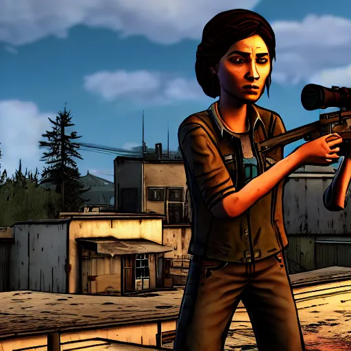 Image similar to game walking dead telltale games clementine aiming with a sniper rifle on a rooftop, 4 k, highly detailed
