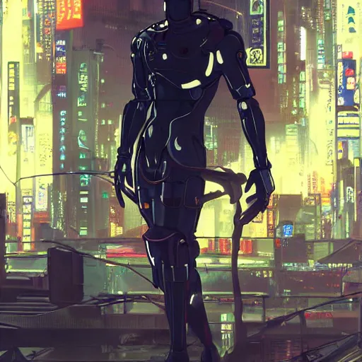 Prompt: a male japanese cyberpunk android, wide shot, finely detailed features, cyborg robot parts with glowing lights!, dramatic cinematic, night, at cyberpunk city, ghost in the shell, akira, noir, painted by greg rutkowski makoto shinkai takashi takeuchi craig mullins, alphonse mucha, studio ghibli, pixiv