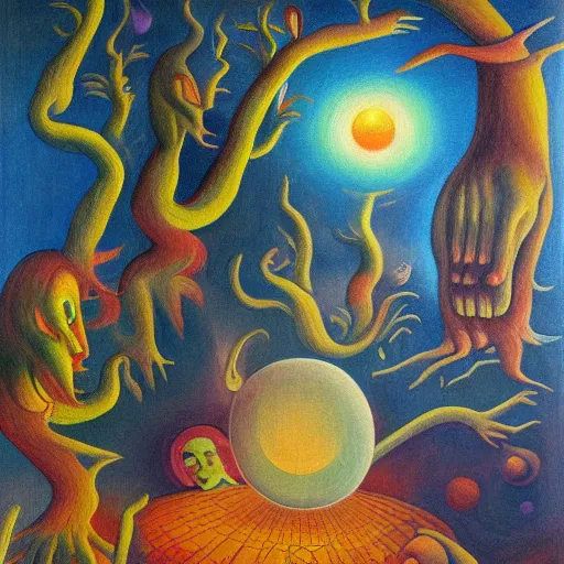 Prompt: the cosmic forest god rises from the earth to give birth to a new multiverse, oil painting in the style of thomas hart benton, ar 1 6 : 9