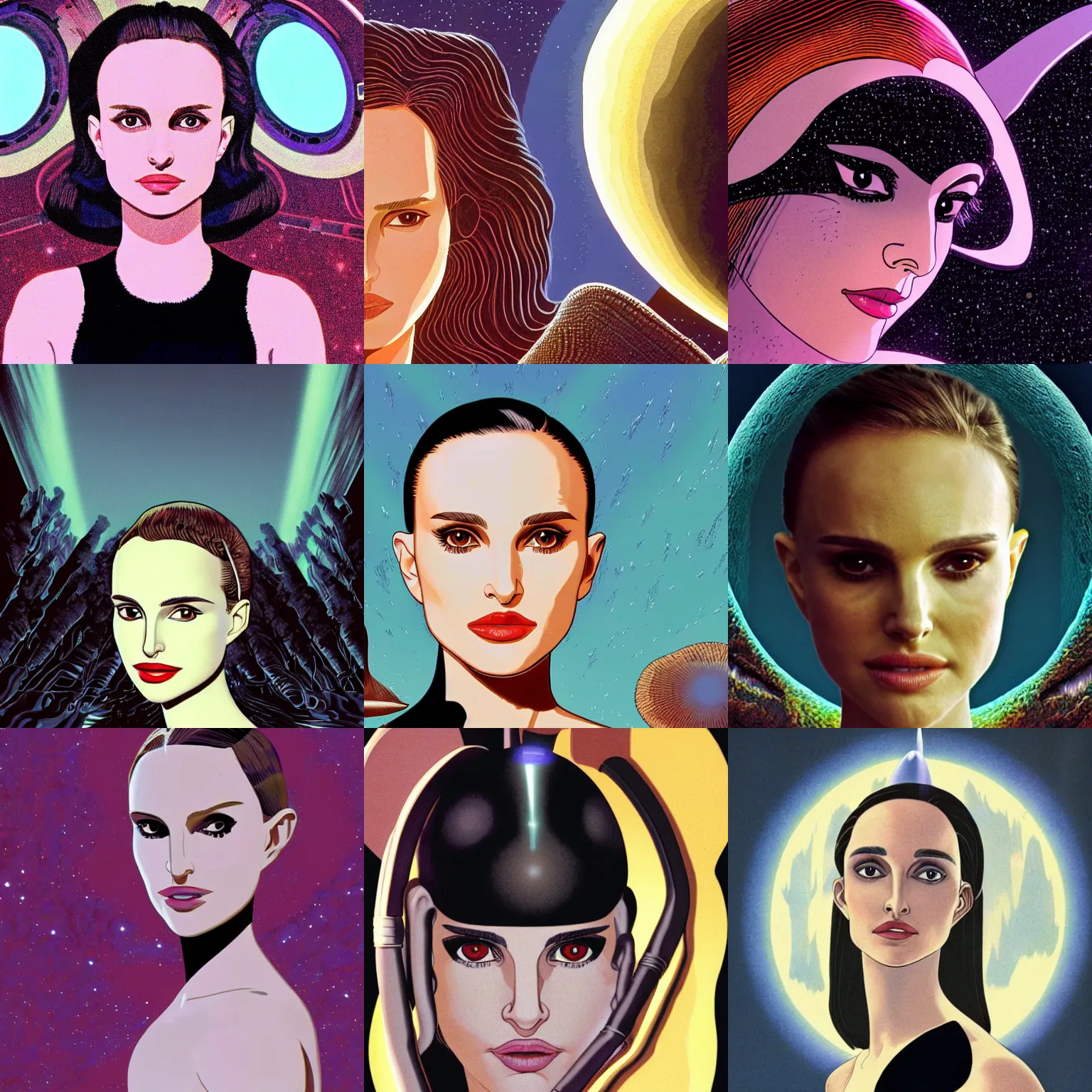 Image similar to a headshot head shot portrait of Natalie Portman as Black Swan on field forrest spaceship station landing laying lake artillery outer worlds shadows in FANTASTIC PLANET La planète sauvage animation by René Laloux