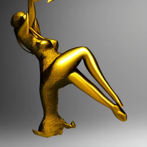 Prompt: 3 d fluid simulation render, octane render, xparticles, black latex and golden colors, female bodies, abstract sculpture