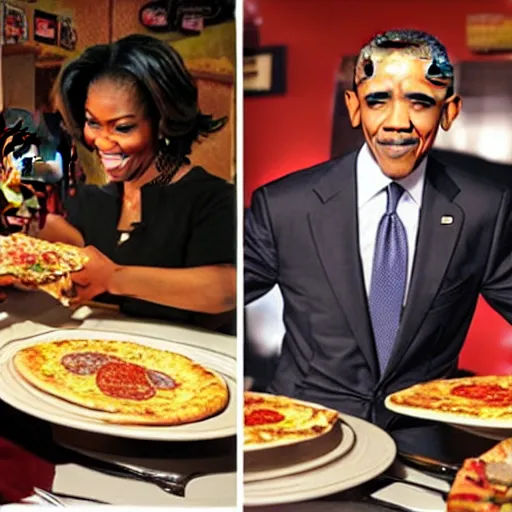 Image similar to “ diorama of barack obama serving pizza at an olive garden, actual photo, kind of like chuck e. cheese ”