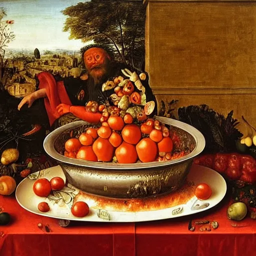 Image similar to a chef sitting in a bathtub full of tomato sauce, dinner is served, by giuseppe arcimboldo and ambrosius benson, renaissance, fruit, intricate and intense oil paint, realistic