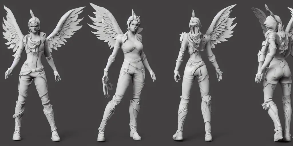 Prompt: full-body character sheet of angel and heaven for the video game ‘fortnite’ by Epic Games, 3d render, octane render, 4K, volumetric, trending on art station