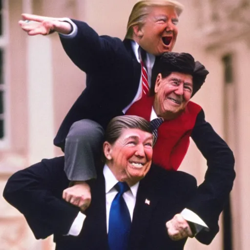 Image similar to dwarf trump getting a piggy - back ride from ronald reagan