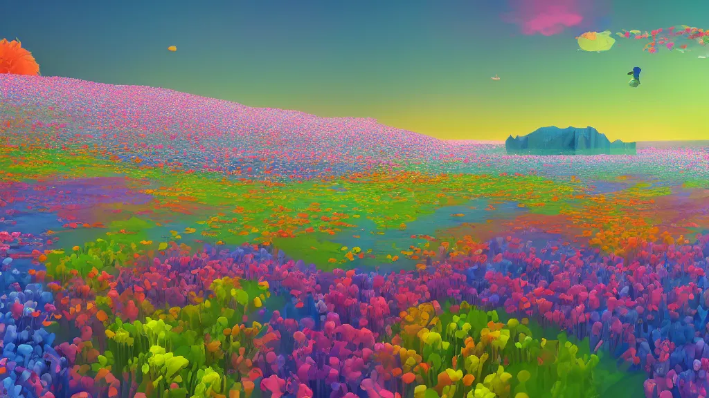 Image similar to digital illustration of a lake full of multi - colored megaflora morning glory flowers by dr. seuss, reimagined by ilm and beeple : 1 | spectral color, electric color, rolling hills : 0. 9 | fantasy : 0. 9 | unreal engine, deviantart, artstation, hd, 8 k resolution : 0. 8