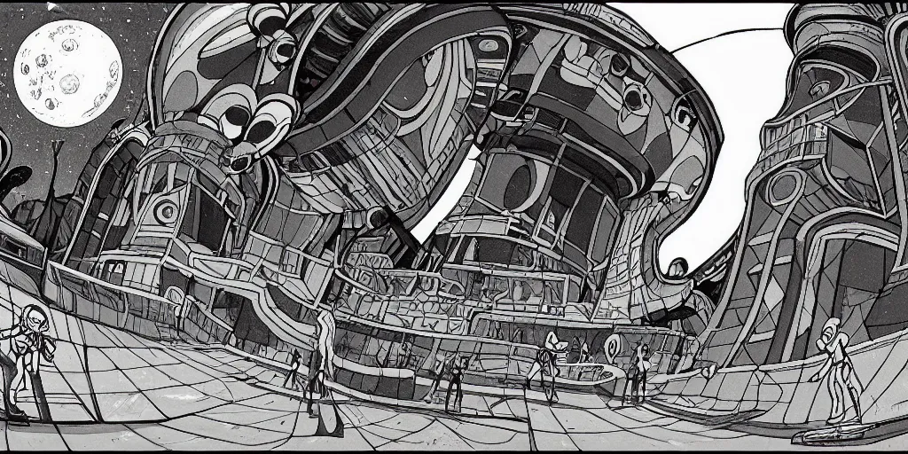 Prompt: traditional drawn colorful animation a solo skateboardist down to valley symmetrical architecture on the ground, space station planet afar, planet surface, ground, rocket launcher, outer worlds extraterrestrial hyper contrast well drawn Metal Hurlant Pilote and Pif in Jean Henri Gaston Giraud animation film The Masters of Time FANTASTIC PLANET La planète sauvage animation by René Laloux