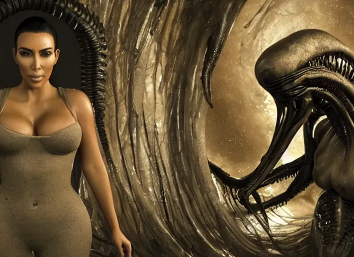 Image similar to film still of kim kardashian being licked by an xenomorph slathered in a transparent alien liquid, wet flowing hair, gooey skin, illustration, unreal engine 5, 8 k, directed by h. r. giger.