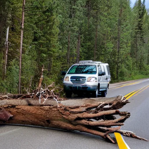 Image similar to fallen tree in highway traffic. Sasquatch peeking out from forest