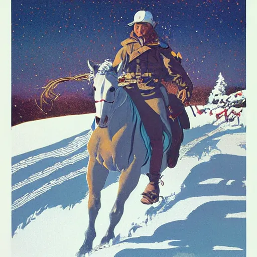 Image similar to a painting of a person on a horse in the snow, poster art by otomo katsuhiro, cgsociety, nuclear art, reimagined by industrial light and magic, official art, poster art