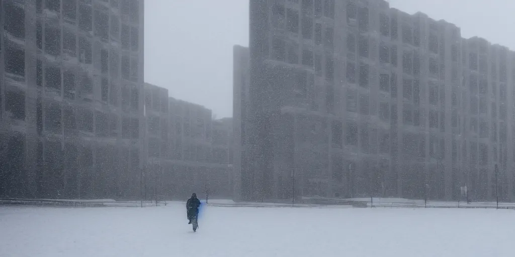 Prompt: A high resolution photograph taken with a 35mm f/12 lens of a snowy Norilks landscape with a person in the middle walking between blocks of brutalist architectural buildings.