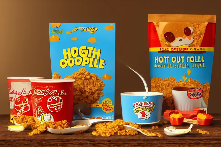 Image similar to hot dog cereal box, high detailed, high resolution, cinematic lighting