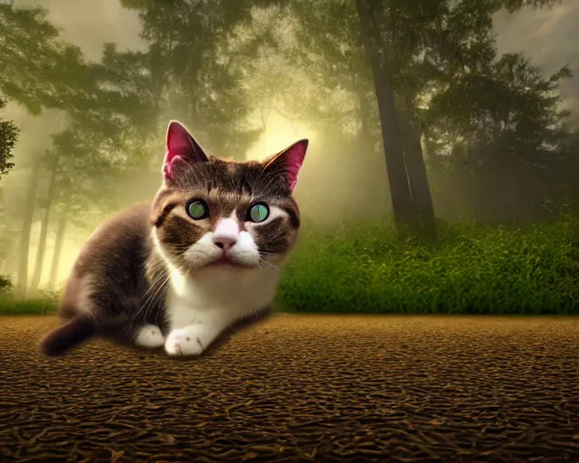 Prompt: a hyperrealistic 3 d render of an evil cat in a haunted forest, extreme wide shot