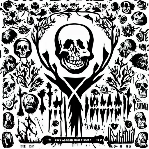 Image similar to dark death metal themed vector illustration for a record label, trees. forest, spikes, skull, microphone, skull, award winning, grunge, iconic, golden ratio