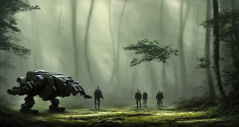 Prompt: hyper realistic sci - fi matte concept art painting of battlemech walking through a forest, beautiful details, strong composition painted by kim jung guweta studio rutkowski, james gurney and greg rutkowski, and lucasfilm, smooth, intricate, detailed, sharp focus, cinematic