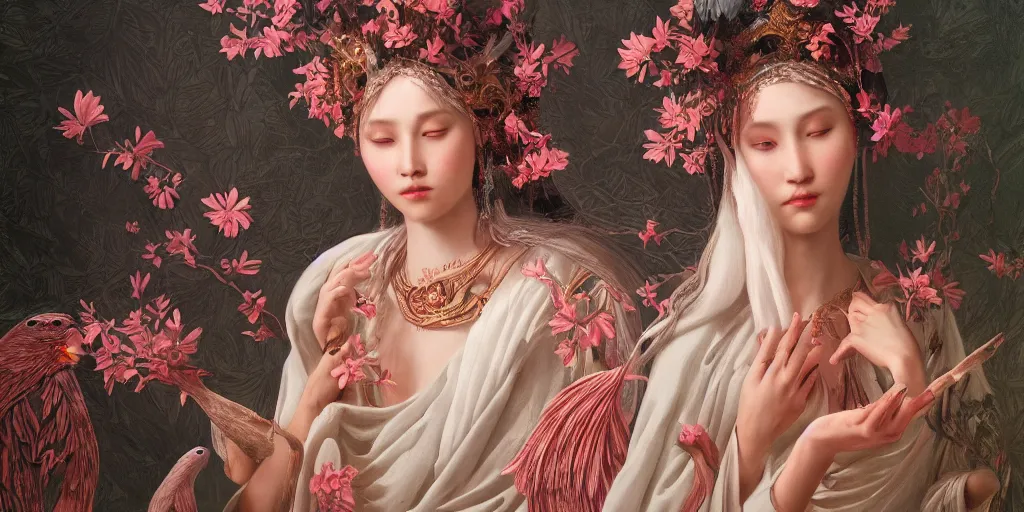 Image similar to breathtaking detailed concept art painting of the goddess of flamingo, orthodox saint, with anxious, piercing eyes, clean background, amalgamation of leaves and flowers, by Hsiao-Ron Cheng and John James Audubon, extremely moody lighting, 8K