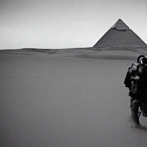 Image similar to a heavily armored man wearing a gasmask, walking over sand dunes, pyramid in background, film still, arrflex 3 5