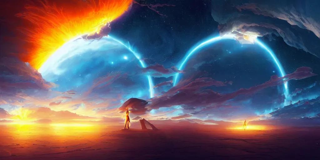 Image similar to inside a solar flare storm within the sun looking at the planet earth, unreal engine, fantasy art by greg, loish, rhads, ferdinand knab, tom bagshaw, makoto shinkai and lois van baarle, rossdraws, ilya kuvshinov, night lighting, trending on studio ghibli, highly detailed, 8 k, octane render