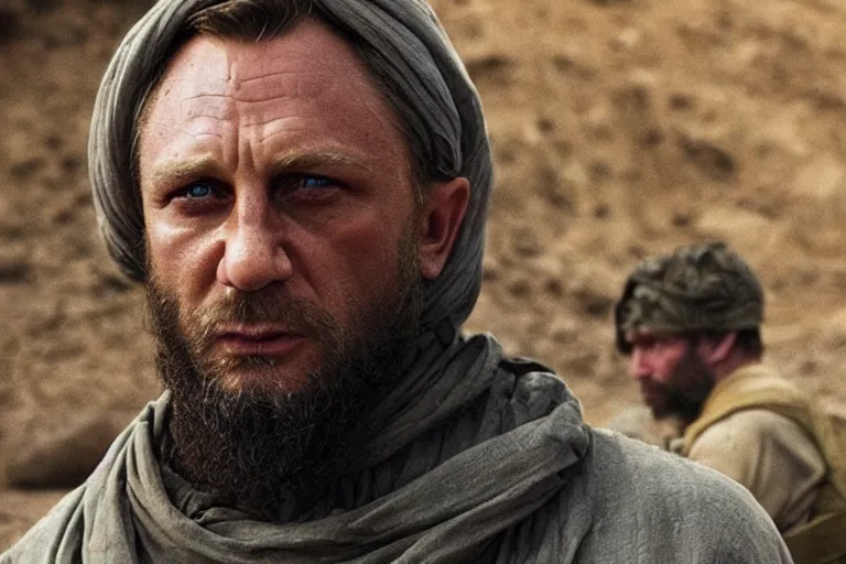 Prompt: Daniel Craig as a Osama Bin Laden doppelgänger in the new movie directed by Christopher Nolan, movie still frame, promotional image, symmetrical shot, idiosyncratic, relentlessly detailed, limited colour palette