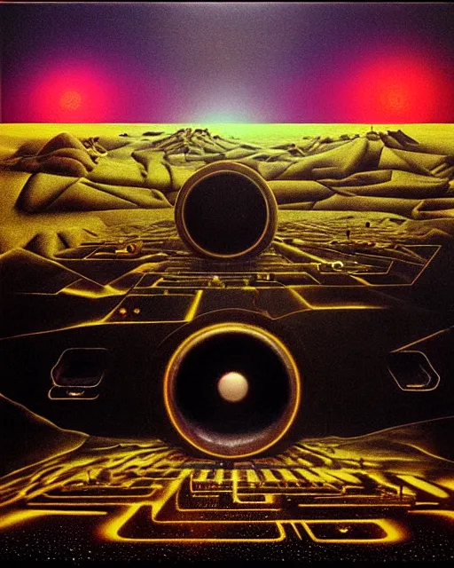 Image similar to a surrealist techno landscape made of synthesizer textures and parts, Jean-michel Jarre Oxygene, 1979, surrealist, photorealistic painting, highly detailed, moody, psychedelic, rule of thirds, golden ratio, 6:3:1