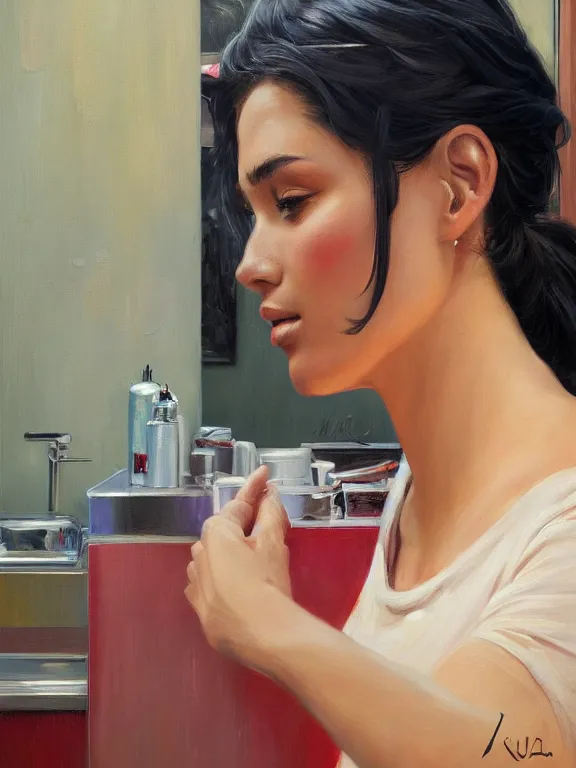 Prompt: an ultradetailed beautiful portrait painting of a cuban woman at a barber shop, side view, oil painting, high resolution, by ilya kuvshinov, greg rutkowski and makoto shinkai