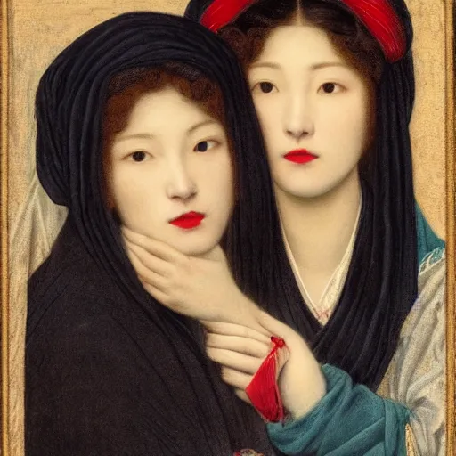 Image similar to Woman holding another woman, arm around her neck, she is Korean, the other black, both have red lips, wearing a veil, Pre-Raphaelite style