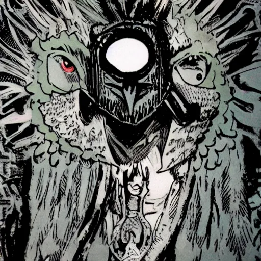 Prompt: dark shaman wearing Raven mask retro comic art by ashley wood , 4K post processing