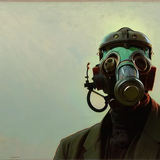 Prompt: portrait of a vicotrian man in suit wearing a gas mask by darek zabrocki, alphonse mucha, simon stalenhag and cinematic and atmospheric, concept art, artstation, trending on artstation