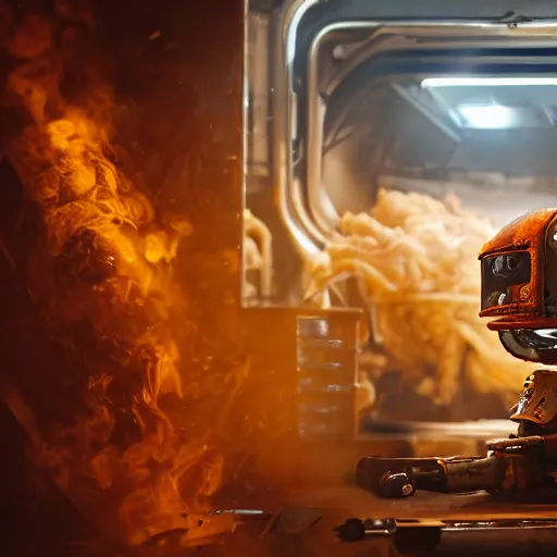 Image similar to head of toaster oven mecha, dark messy smoke - filled cluttered workshop, dark, dramatic lighting, orange tint, cinematic, highly detailed, sci - fi, futuristic, movie still