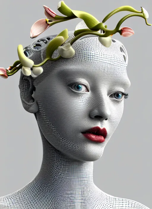 Image similar to complex 3d render ultra detailed of a beautiful porcelain profile woman face, mechanical cyborg, 150 mm, beautiful natural soft light, rim light, silver gold details, mechanical magnolia and ghost orchid big leaves and stems, roots, fine foliage lace, maze like, mesh wire, intricate details, hyperrealistic, ultra detailed, mandelbrot fractal, anatomical, red lips, white metal neocubism armor, facial muscles, cable wires, microchip, elegant, octane render, H.R. Giger style, 8k