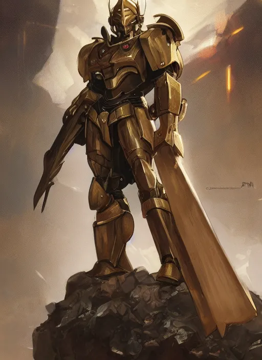 Image similar to medium-length portrait of a male paladin with short curly hair and a dark beard, dark brown skin, happy expression, wears a suit of power armor, gundam, medieval setting, highly detailed, digital painting, artstation, concept art, sharp focus, illustration, art by greg rutkowski and alphonse mucha