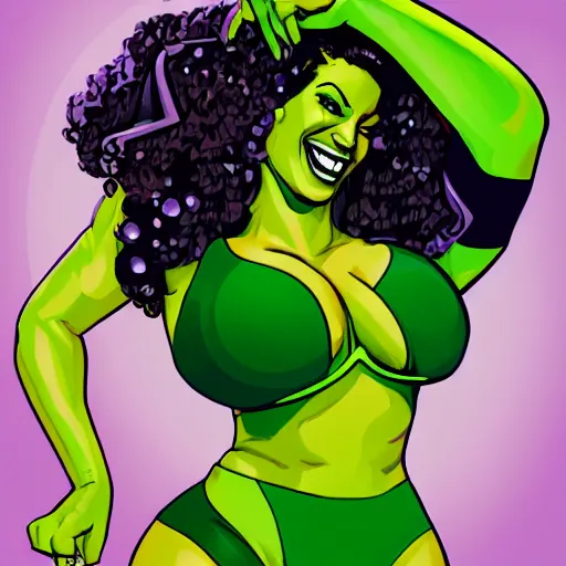 Image similar to Singer Beyoncé as She-Hulk, smiling, photorealistic, comic pinup style, sports illustrated, detailed legs, hyperreal, surreal, artstation, bokeh, tilt shift photography, photo illustration, Roge Antonio, Jen Bartel