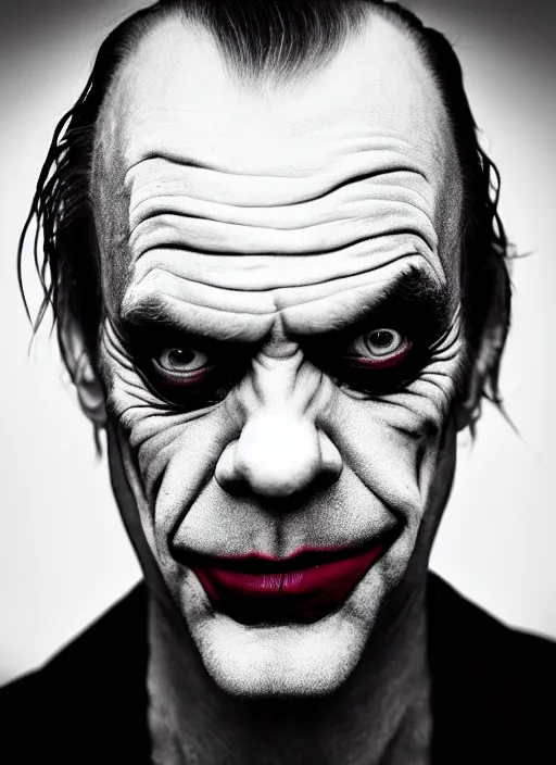 Image similar to photo of Hugo Weaving as the Joker by Lee Jeffries , big smile, head shot, detailed, award winning, Sony a7R