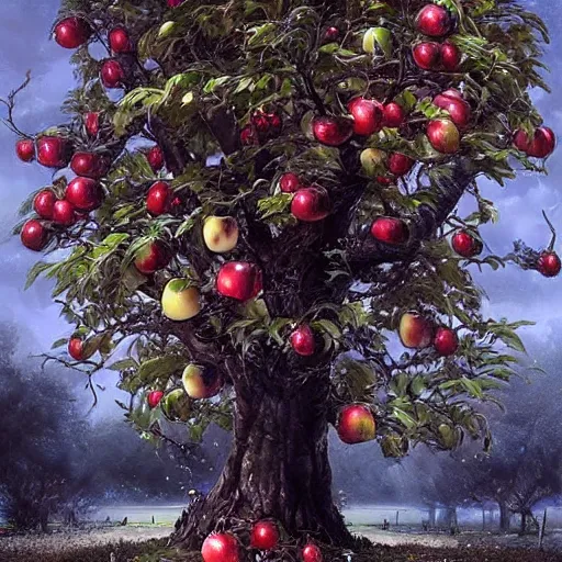 Image similar to a tree with many black colored apples, black poison apples, ?black apples, •black apples painted by rossdraws, greg rutkowski, thomas kindkade