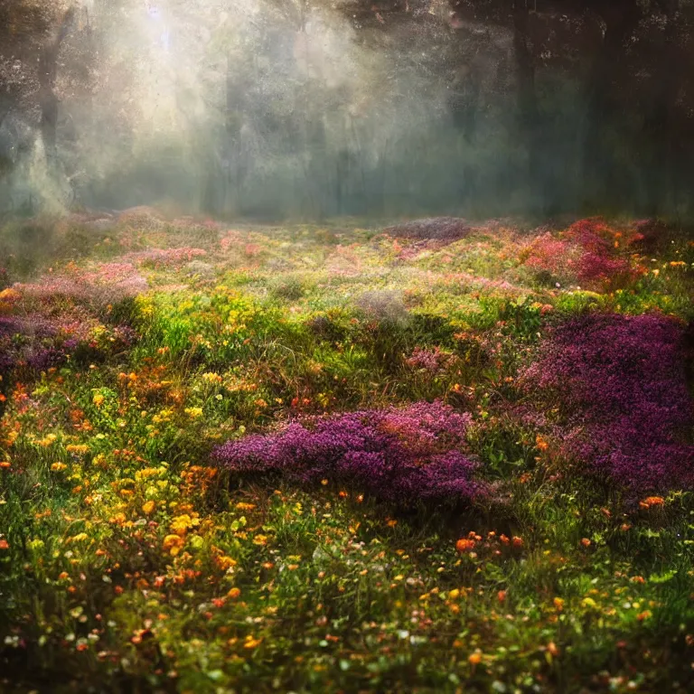 Image similar to a planet of various fungus like trees, mushrooms, flowers and plants, artistic photography, conceptual, long exposure outside the city, volumetric light