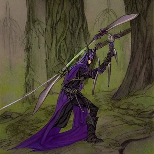 Image similar to male wood elf, pointy ears, long purple hair, holding a longbow, green leaf cloak, leather armor, metal gauntlets, green eyes. in the style of alan lee and john howe. fantasy. detailed.