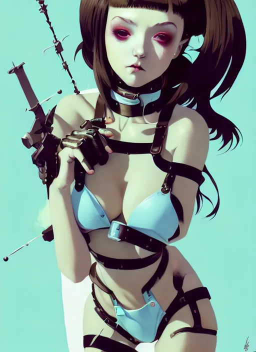 Image similar to portrait of cute goth maiden girl in cyber bikini armor, face by ilya kuvshinov, warhammer, cyberpunk, by atey ghailan, by greg rutkowski, by greg tocchini, by james gilleard, by joe fenton, by kaethe butcher, dynamic lighting, gradient light blue, brown, blonde cream and white color in scheme, grunge aesthetic