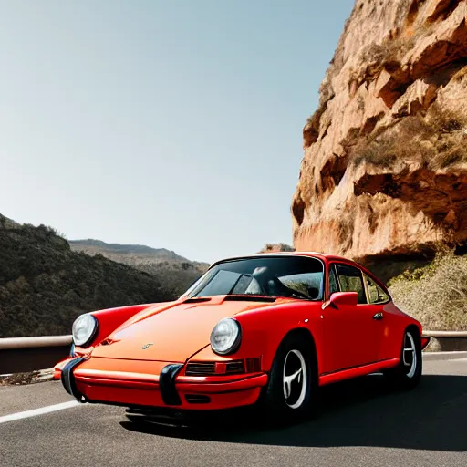 Prompt: cinematic photos of a porsche 9 1 1 9 6 4 cruising through a canyon