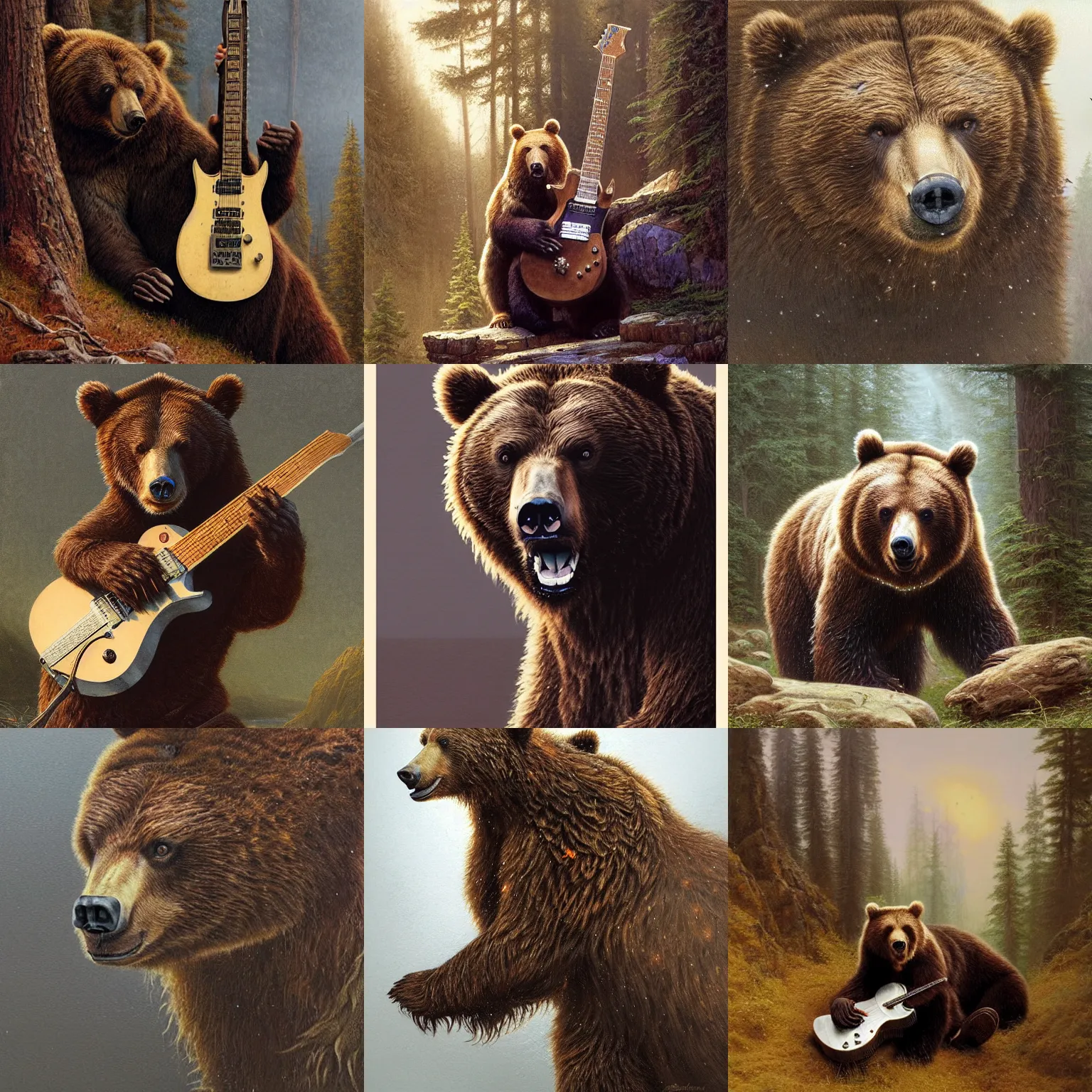 Prompt: Realistic brown bear playing Michael Schenker's guitar, by Antonio Caparo and Ferdinand Knab and Greg Rutkowski UHD photorealistic trending on artstation