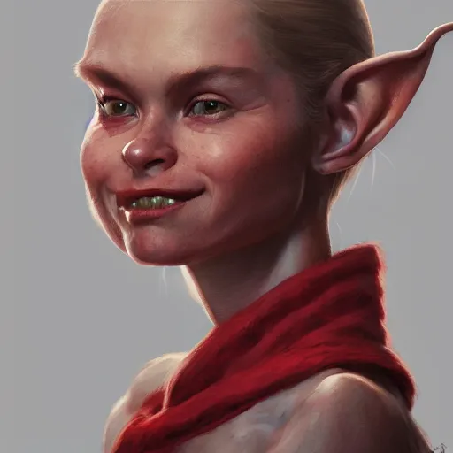 Image similar to Goblin Female portrait, Red Scarf, hatched ear, golden earring, white background, by Horace Hsu, Tony Sart, Miles Johnston, highly detailed, digital illustration, concept art, trending on artstation