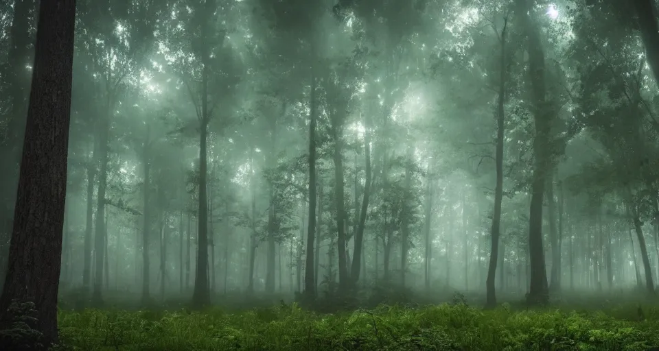 Prompt: a magical forest, thick fog, dark, fireflies flying and glowing, big trees, epic lighting, cinematic 4K